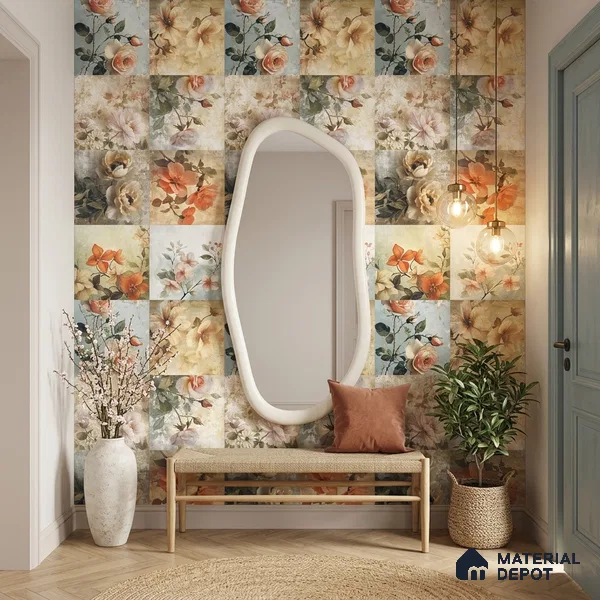 Floral Wall Tile TL 12268 Floral Decore 4 ft x 2 ft Glue Matte Finish Vitrified Tile - 9 mm | 2 Random Designs | Suitable for Bathroom, Accent/Feature Wall, Bedroom