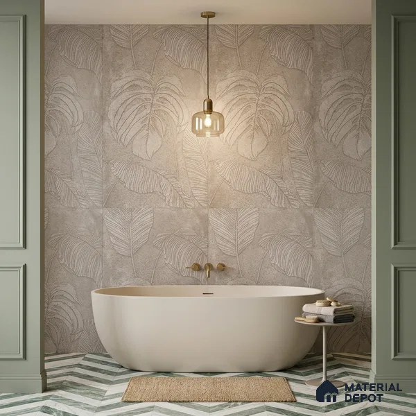 Tropical Wall Tile TL 12244 Cementine Decore Leaf 4 ft x 2 ft Double Digital Finish Vitrified Tile - 9 mm | 4 Random Designs | Suitable for Bathroom, Accent/Feature Wall, Foyer