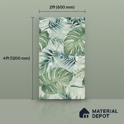 Tropical Wall Tile TL 12277 Leaflet Green Decore 4 ft x 2 ft Sugar + (Glossy Granula/Glue) Finish Vitrified Tile - 9 mm | Suitable for Bathroom, Accent/Feature Wall, Foyer