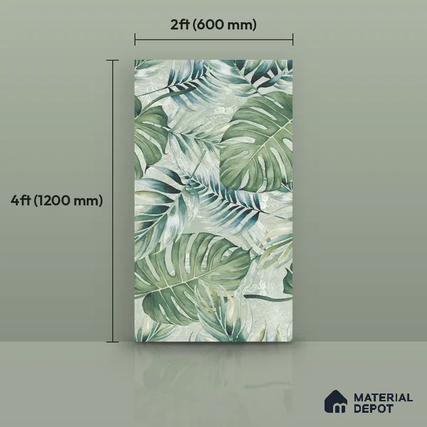 Tropical Wall Tile TL 12277 Leaflet Green Decore 4 ft x 2 ft Sugar + (Glossy Granula/Glue) Finish Vitrified Tile - 9 mm | Suitable for Bathroom, Accent/Feature Wall, Foyer