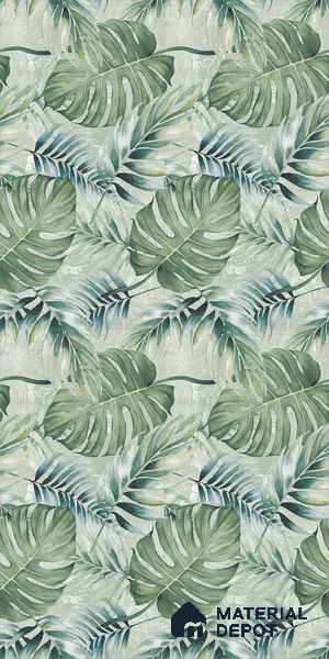 Tropical Wall Tile TL 12277 Leaflet Green Decore 4 ft x 2 ft Sugar + (Glossy Granula/Glue) Finish Vitrified Tile - 9 mm | Suitable for Bathroom, Accent/Feature Wall, Foyer