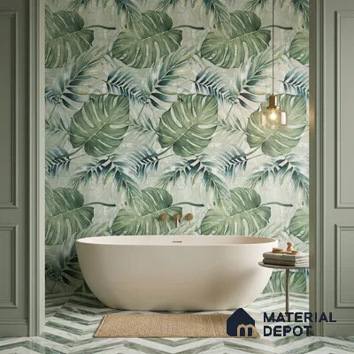 Tropical Wall Tile TL 12277 Leaflet Green Decore 4 ft x 2 ft Sugar + (Glossy Granula/Glue) Finish Vitrified Tile - 9 mm | Suitable for Bathroom, Accent/Feature Wall, Foyer