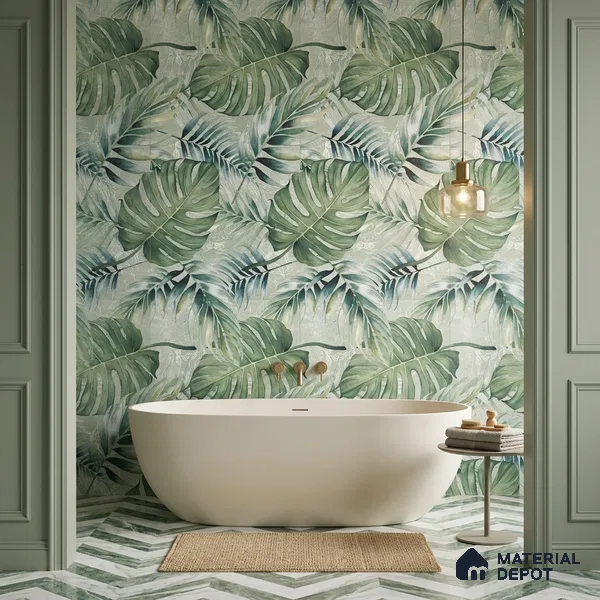 Tropical Wall Tile TL 12277 Leaflet Green Decore 4 ft x 2 ft Sugar + (Glossy Granula/Glue) Finish Vitrified Tile - 9 mm | Suitable for Bathroom, Accent/Feature Wall, Foyer