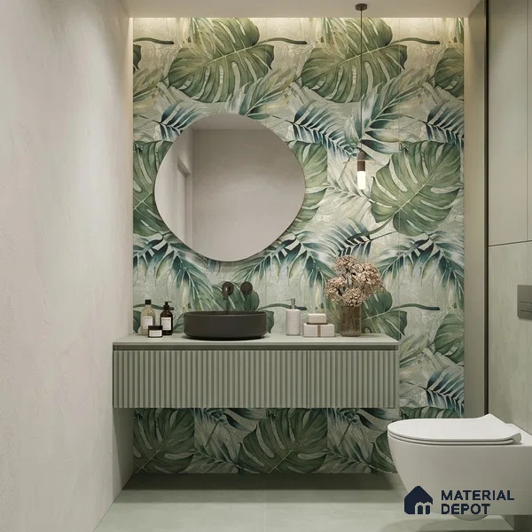 Tropical Wall Tile TL 12277 Leaflet Green Decore 4 ft x 2 ft Sugar + (Glossy Granula/Glue) Finish Vitrified Tile - 9 mm | Suitable for Bathroom, Accent/Feature Wall, Foyer