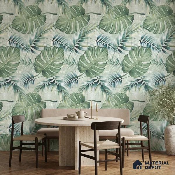 Tropical Wall Tile TL 12277 Leaflet Green Decore 4 ft x 2 ft Sugar + (Glossy Granula/Glue) Finish Vitrified Tile - 9 mm | Suitable for Bathroom, Accent/Feature Wall, Foyer