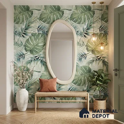 Tropical Wall Tile TL 12277 Leaflet Green Decore 4 ft x 2 ft Sugar + (Glossy Granula/Glue) Finish Vitrified Tile - 9 mm | Suitable for Bathroom, Accent/Feature Wall, Foyer