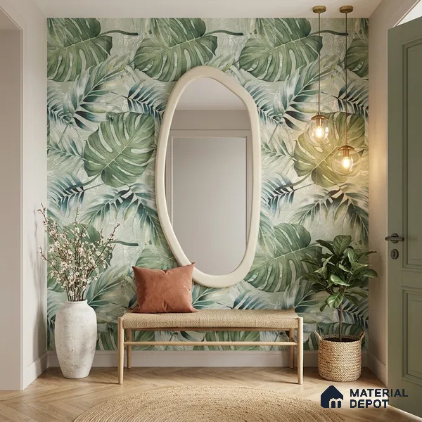 Tropical Wall Tile TL 12277 Leaflet Green Decore 4 ft x 2 ft Sugar + (Glossy Granula/Glue) Finish Vitrified Tile - 9 mm | Suitable for Bathroom, Accent/Feature Wall, Foyer