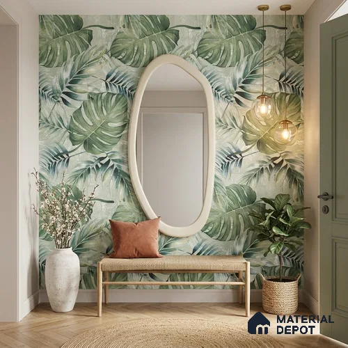 Tropical Wall Tile TL 12277 Leaflet Green Decore 4 ft x 2 ft Sugar + (Glossy Granula/Glue) Finish Vitrified Tile - 9 mm | Suitable for Bathroom, Accent/Feature Wall, Foyer