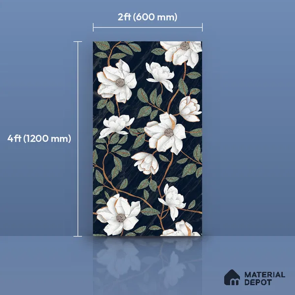 Floral Wall Tile TL 12274 Blossom Black Decore 4 ft x 2 ft Sugar + (Glossy Granula/Glue) Finish Vitrified Tile - 9 mm | Suitable for Bathroom, Accent/Feature Wall, Dining Area