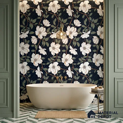 Floral Wall Tile TL 12274 Blossom Black Decore 4 ft x 2 ft Sugar + (Glossy Granula/Glue) Finish Vitrified Tile - 9 mm | Suitable for Bathroom, Accent/Feature Wall, Dining Area