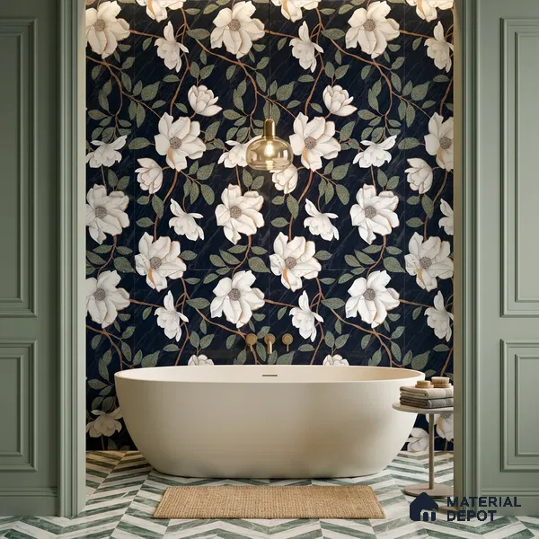 Floral Wall Tile TL 12274 Blossom Black Decore 4 ft x 2 ft Sugar + (Glossy Granula/Glue) Finish Vitrified Tile - 9 mm | Suitable for Bathroom, Accent/Feature Wall, Dining Area