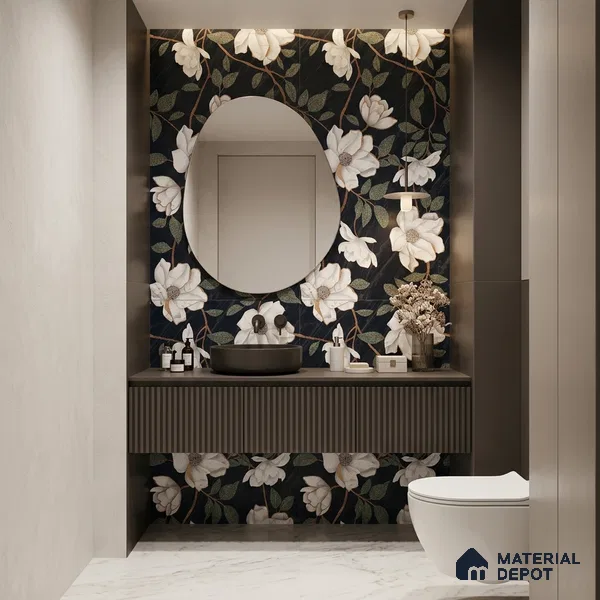 Floral Wall Tile TL 12274 Blossom Black Decore 4 ft x 2 ft Sugar + (Glossy Granula/Glue) Finish Vitrified Tile - 9 mm | Suitable for Bathroom, Accent/Feature Wall, Dining Area