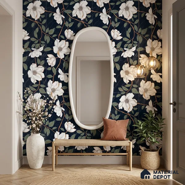 Floral Wall Tile TL 12274 Blossom Black Decore 4 ft x 2 ft Sugar + (Glossy Granula/Glue) Finish Vitrified Tile - 9 mm | Suitable for Bathroom, Accent/Feature Wall, Dining Area