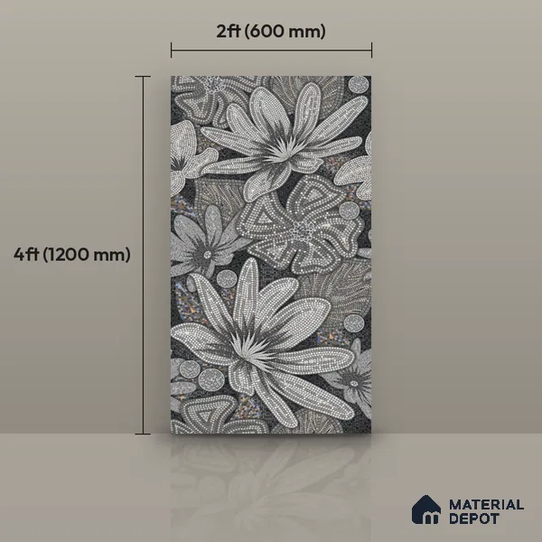 Faux Mosaic Floral Wall Tile TL 08659 Black 4 ft x 2 ft Matte Finish Vitrified Tile - 9 mm | Suitable for Bathroom, Accent/Feature Wall, Foyer
