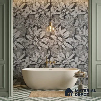 Faux Mosaic Floral Wall Tile TL 08659 Black 4 ft x 2 ft Matte Finish Vitrified Tile - 9 mm | Suitable for Bathroom, Accent/Feature Wall, Foyer