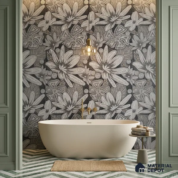 Faux Mosaic Floral Wall Tile TL 08659 Black 4 ft x 2 ft Matte Finish Vitrified Tile - 9 mm | Suitable for Bathroom, Accent/Feature Wall, Foyer