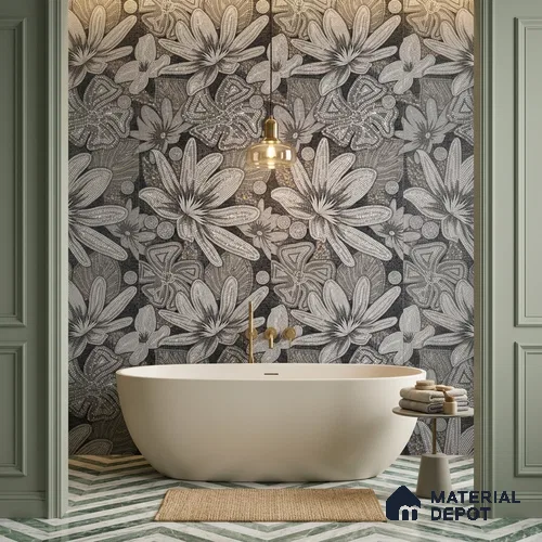 Faux Mosaic Floral Wall Tile TL 08659 Black 4 ft x 2 ft Matte Finish Vitrified Tile - 9 mm | Suitable for Bathroom, Accent/Feature Wall, Foyer