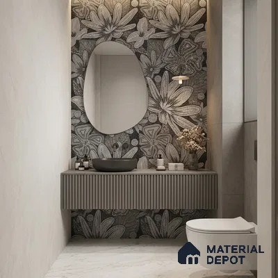 Faux Mosaic Floral Wall Tile TL 08659 Black 4 ft x 2 ft Matte Finish Vitrified Tile - 9 mm | Suitable for Bathroom, Accent/Feature Wall, Foyer