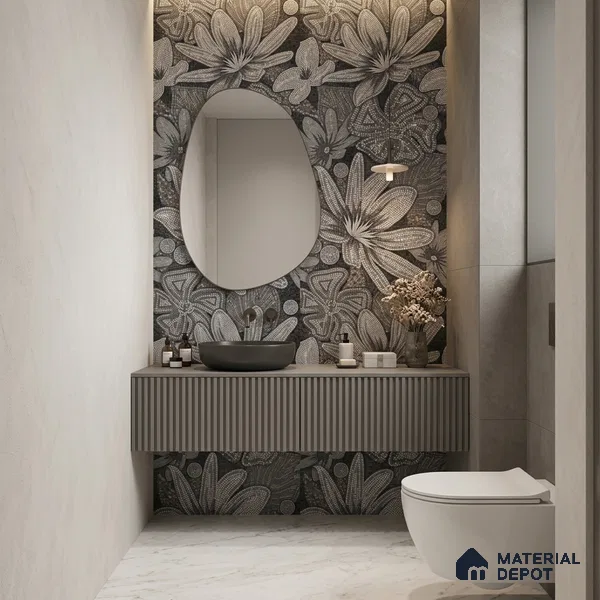 Faux Mosaic Floral Wall Tile TL 08659 Black 4 ft x 2 ft Matte Finish Vitrified Tile - 9 mm | Suitable for Bathroom, Accent/Feature Wall, Foyer