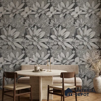 Faux Mosaic Floral Wall Tile TL 08659 Black 4 ft x 2 ft Matte Finish Vitrified Tile - 9 mm | Suitable for Bathroom, Accent/Feature Wall, Foyer