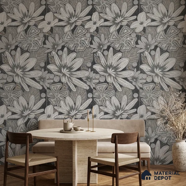 Faux Mosaic Floral Wall Tile TL 08659 Black 4 ft x 2 ft Matte Finish Vitrified Tile - 9 mm | Suitable for Bathroom, Accent/Feature Wall, Foyer