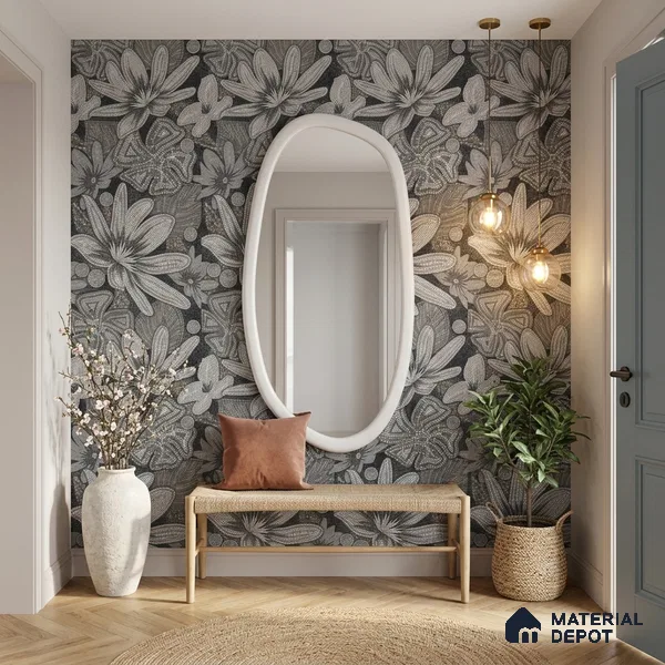 Faux Mosaic Floral Wall Tile TL 08659 Black 4 ft x 2 ft Matte Finish Vitrified Tile - 9 mm | Suitable for Bathroom, Accent/Feature Wall, Foyer
