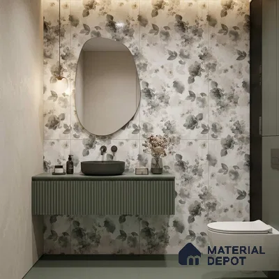 Grey Floral Wall Tile TL 06691 Gravier Sterling Charm 4 ft x 2 ft Vitrified Glossy Finish - 9 mm | Suitable for Bathroom, Accent/Feature Wall, Dining Area