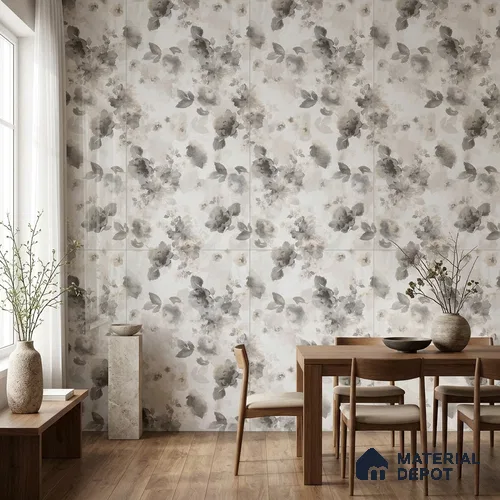 Grey Floral Wall Tile TL 06691 Gravier Sterling Charm 4 ft x 2 ft Vitrified Glossy Finish - 9 mm | Suitable for Bathroom, Accent/Feature Wall, Dining Area