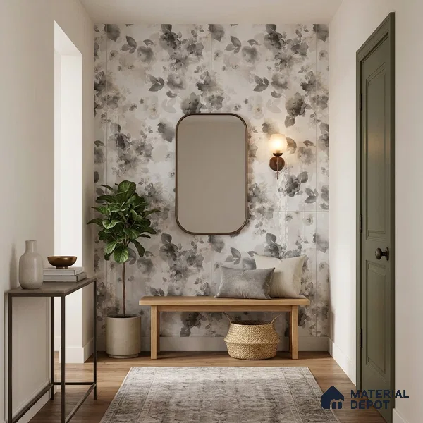 Grey Floral Wall Tile TL 06691 Gravier Sterling Charm 4 ft x 2 ft Vitrified Glossy Finish - 9 mm | Suitable for Bathroom, Accent/Feature Wall, Dining Area