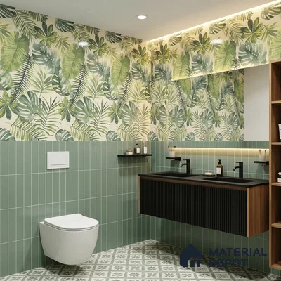 Tropical Wall Tile TL 08610 Green 4 ft x 2 ft Glossy Finish Vitrified Floor & Wall Tile - 9 mm | Suitable for Bathroom, Accent/Feature Wall, Foyer