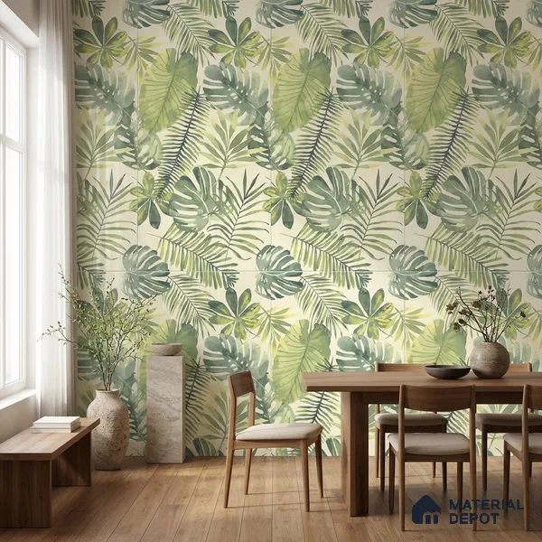 Tropical Wall Tile TL 08610 Green 4 ft x 2 ft Glossy Finish Vitrified Floor & Wall Tile - 9 mm | Suitable for Bathroom, Accent/Feature Wall, Foyer