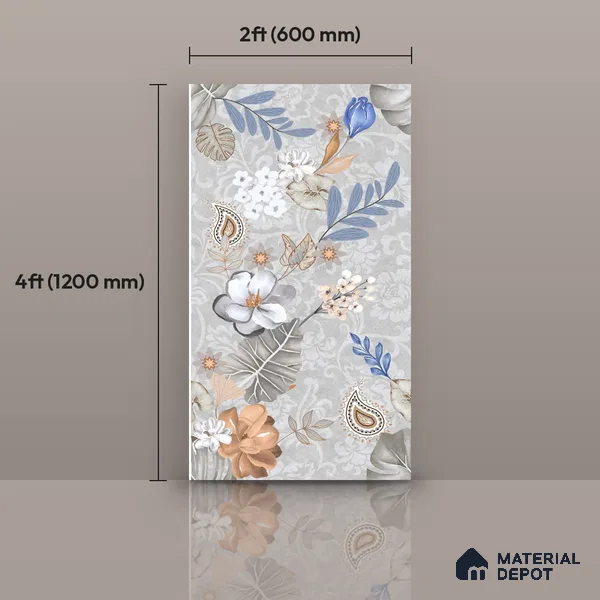 Floral Wall Tile TL 08612 Grey 4 ft x 2 ft Glossy Finish Vitrified Tile - 9 mm | Suitable for Bathroom, Accent/Feature Wall, Foyer