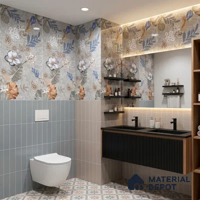 Floral Wall Tile TL 08612 Grey 4 ft x 2 ft Glossy Finish Vitrified Tile - 9 mm | Suitable for Bathroom, Accent/Feature Wall, Foyer