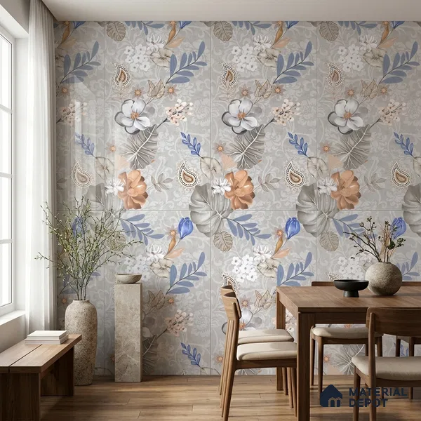 Floral Wall Tile TL 08612 Grey 4 ft x 2 ft Glossy Finish Vitrified Tile - 9 mm | Suitable for Bathroom, Accent/Feature Wall, Foyer