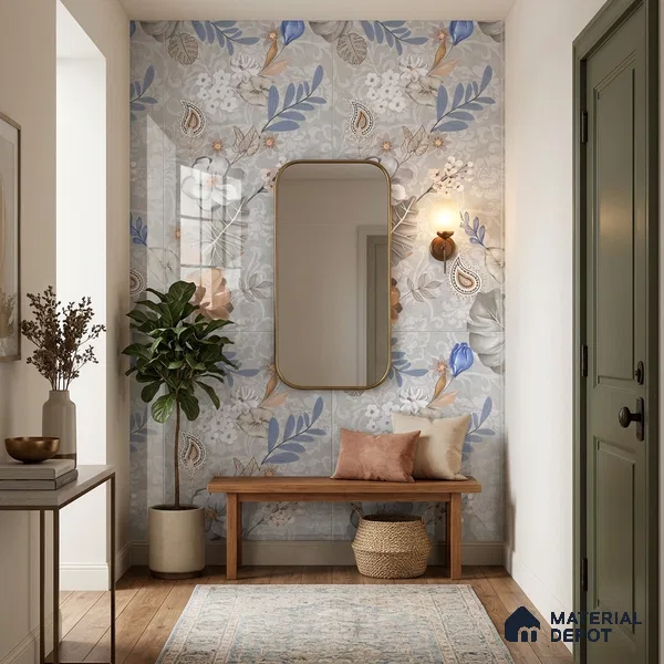 Floral Wall Tile TL 08612 Grey 4 ft x 2 ft Glossy Finish Vitrified Tile - 9 mm | Suitable for Bathroom, Accent/Feature Wall, Foyer