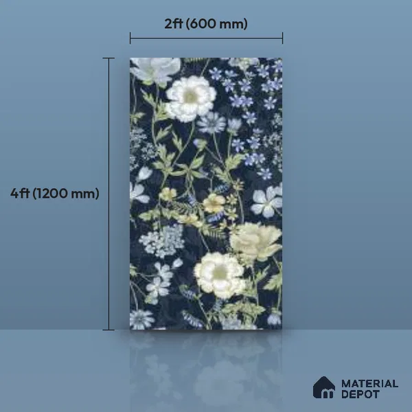 Floral Wall Tile TL 07191 D Floreale Fiore Navy 4 ft x 2 ft Vitrified Matte Finish - 9 mm | Suitable for Bathroom, Accent/Feature Wall, Foyer