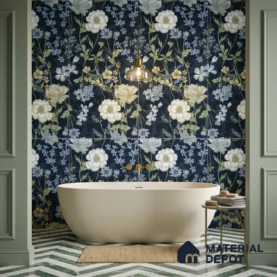 Floral Wall Tile TL 07191 D Floreale Fiore Navy 4 ft x 2 ft Vitrified Matte Finish - 9 mm | Suitable for Bathroom, Accent/Feature Wall, Foyer