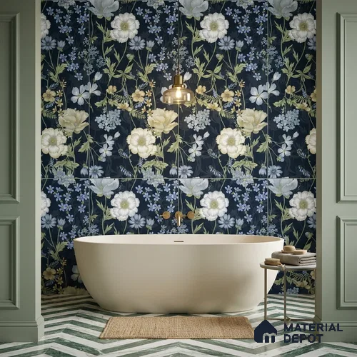 Floral Wall Tile TL 07191 D Floreale Fiore Navy 4 ft x 2 ft Vitrified Matte Finish - 9 mm | Suitable for Bathroom, Accent/Feature Wall, Foyer