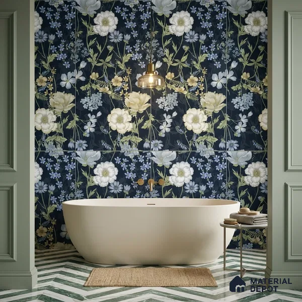 Floral Wall Tile TL 07191 D Floreale Fiore Navy 4 ft x 2 ft Vitrified Matte Finish - 9 mm | Suitable for Bathroom, Accent/Feature Wall, Foyer