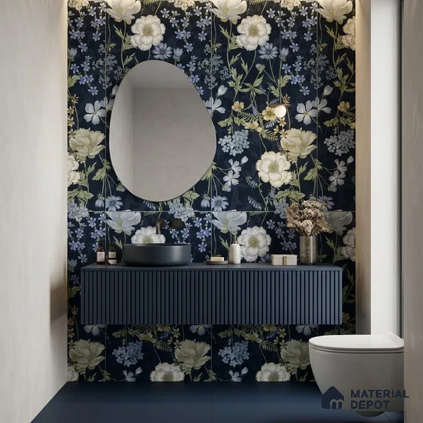 Floral Wall Tile TL 07191 D Floreale Fiore Navy 4 ft x 2 ft Vitrified Matte Finish - 9 mm | Suitable for Bathroom, Accent/Feature Wall, Foyer