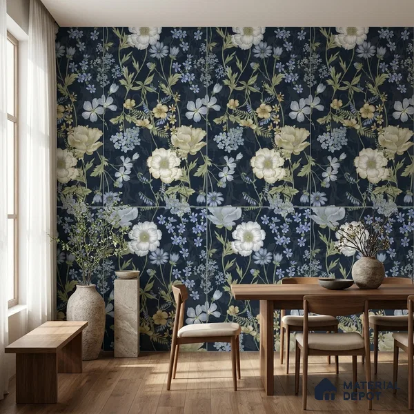 Floral Wall Tile TL 07191 D Floreale Fiore Navy 4 ft x 2 ft Vitrified Matte Finish - 9 mm | Suitable for Bathroom, Accent/Feature Wall, Foyer