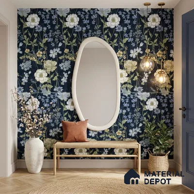 Floral Wall Tile TL 07191 D Floreale Fiore Navy 4 ft x 2 ft Vitrified Matte Finish - 9 mm | Suitable for Bathroom, Accent/Feature Wall, Foyer
