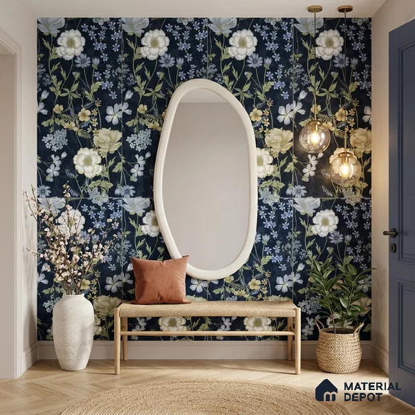 Floral Wall Tile TL 07191 D Floreale Fiore Navy 4 ft x 2 ft Vitrified Matte Finish - 9 mm | Suitable for Bathroom, Accent/Feature Wall, Foyer