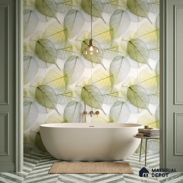 Tropical Wall Tile TL 08771  Royal Foliage Green 4 ft x 2 ft Vitrified Carving Matte Finish - 9 mm | Suitable for Bathroom, Accent/Feature Wall, Dining Area