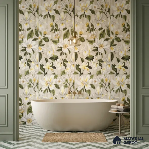 Floral Look Wall Tile TL 12121 Floral White 4 ft x 2 ft Vitrified Matte Finish - 9 mm | Suitable for Bathroom, Accent/Feature Wall, Dining Area