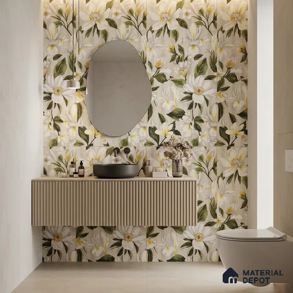 Floral Look Wall Tile TL 12121 Floral White 4 ft x 2 ft Vitrified Matte Finish - 9 mm | Suitable for Bathroom, Accent/Feature Wall, Dining Area