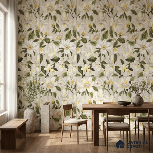 Floral Look Wall Tile TL 12121 Floral White 4 ft x 2 ft Vitrified Matte Finish - 9 mm | Suitable for Bathroom, Accent/Feature Wall, Dining Area