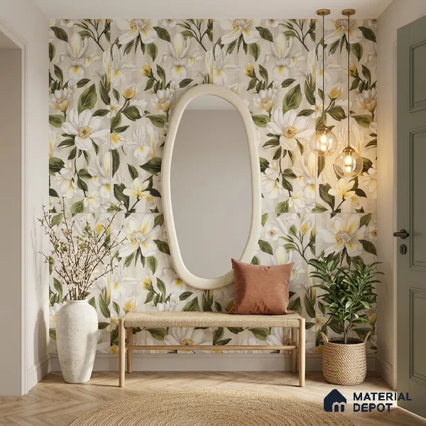 Floral Look Wall Tile TL 12121 Floral White 4 ft x 2 ft Vitrified Matte Finish - 9 mm | Suitable for Bathroom, Accent/Feature Wall, Dining Area