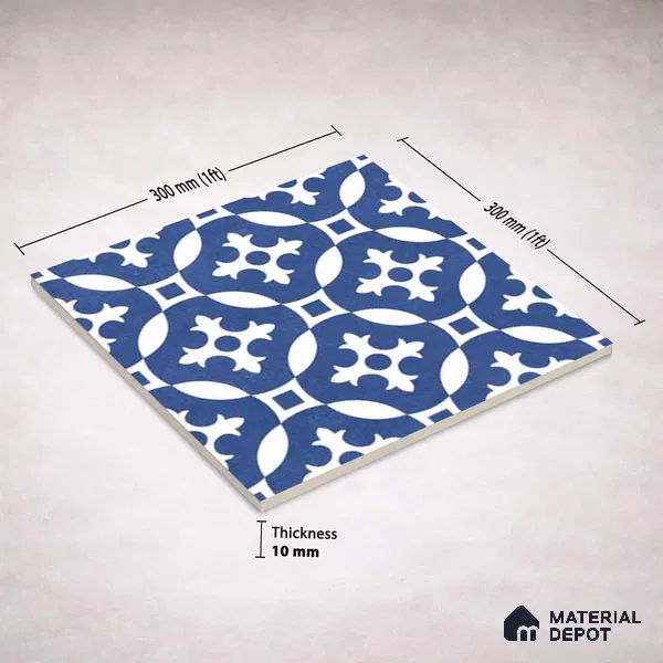 Moroccan Wall & Floor Tile TL 11115 Indigo Arabesque 1 ft x 1 ft Ceramic Matte Finish Tile - 10 mm | Suitable For Kitchen, Bathroom, Balcony
