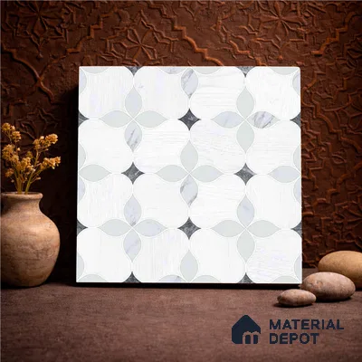 Moroccan Carving Wall & Floor Tile TL 11667 Pearl Petal 1 ft x 1 ft Ceramic Carving Matte Finish Tile - 10 mm | Suitable For Bathroom, Dining Area, Kitchen
